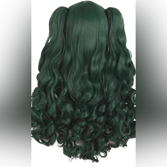 Long Green Wig With Two Clip On Ponytails - Picture 2 of 3